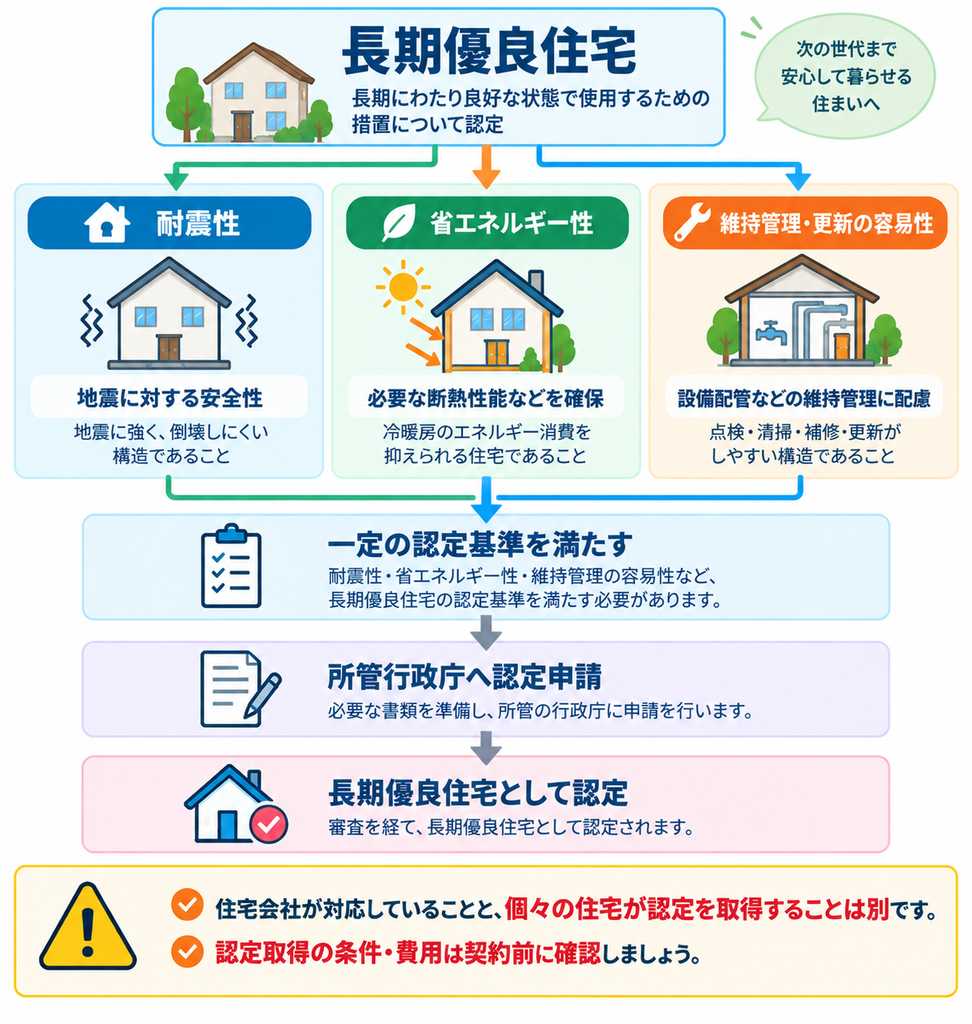 長期優良住宅で確認される主な性能として、耐震性、省エネルギー性、維持管理・更新の容易性を示し、一定の認定基準を満たして所管行政庁へ申請し、認定を受けるまでの関係をまとめた図解。