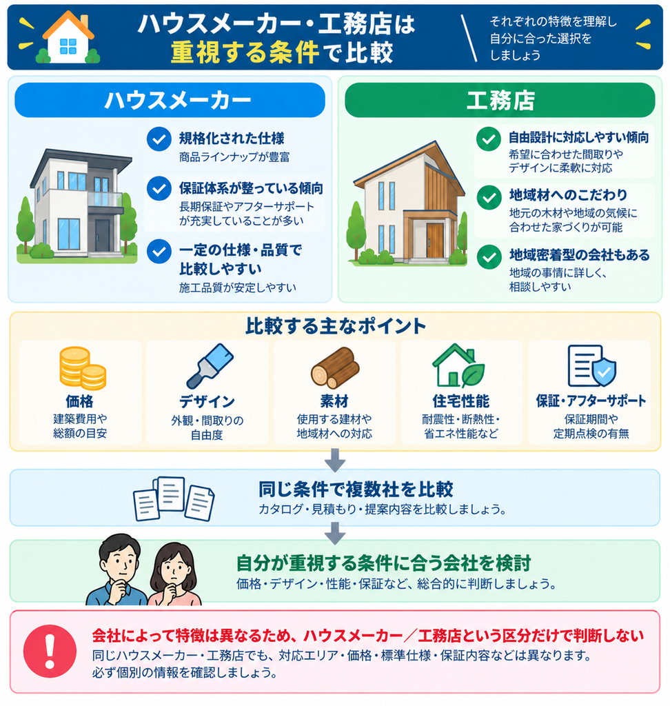 ハウスメーカーと工務店の一般的な違いを、仕様・設計自由度・地域性などで比較し、価格・デザイン・素材・住宅性能・保証やアフターサポートの5項目を同じ条件で確認して、自分に合う住宅会社を検討する方法を示した図解