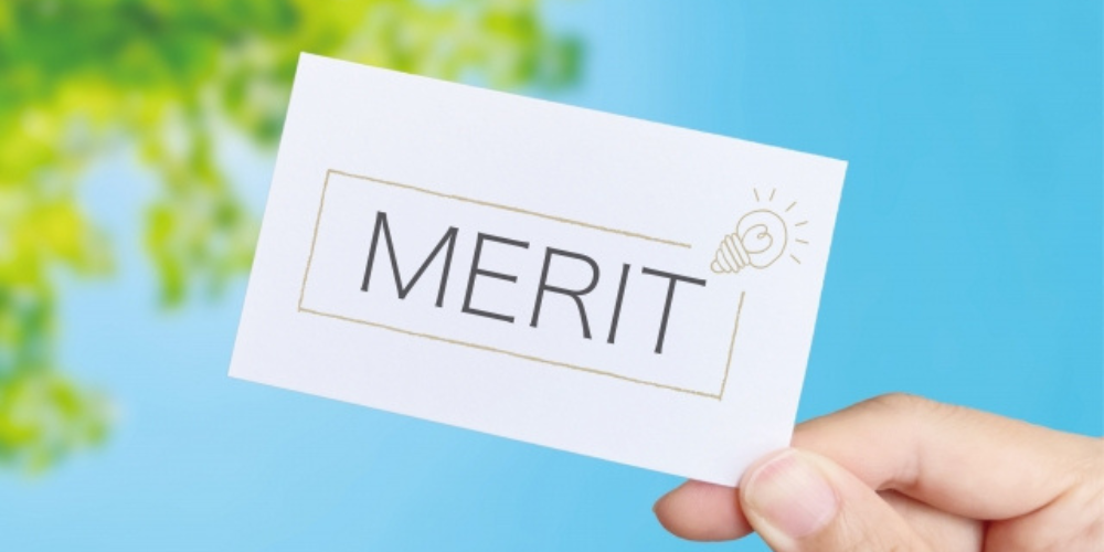 青空と木々を背景に、「MERIT」と書かれたカードを手に持っている画像