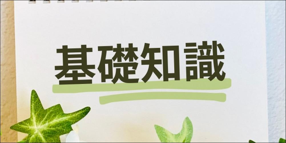 メモ帳に大きく書かれた「基礎知識」の文字と周囲の緑の装飾