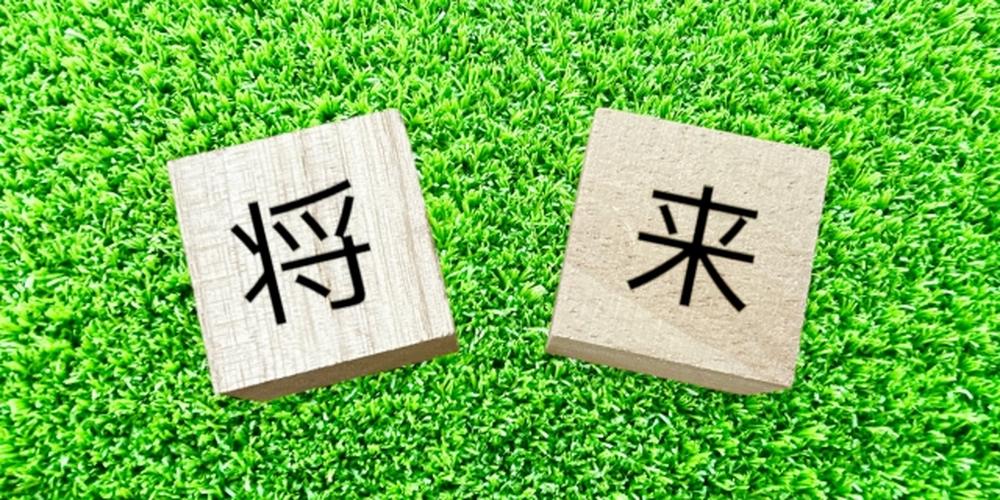 芝生の上に置かれた「将来」の漢字ブロック