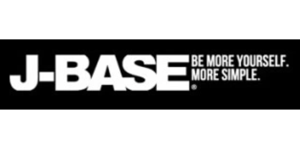 J-BASEのロゴ画像。「BE MORE YOURSELF, MORE SIMPLE.」のスローガン付き。