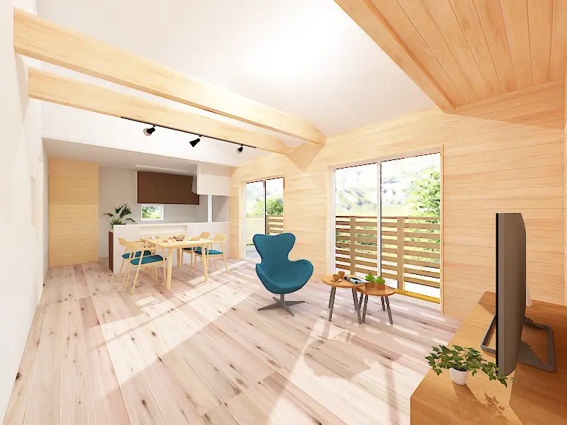 床・天井・壁に無垢材を使ったリビング