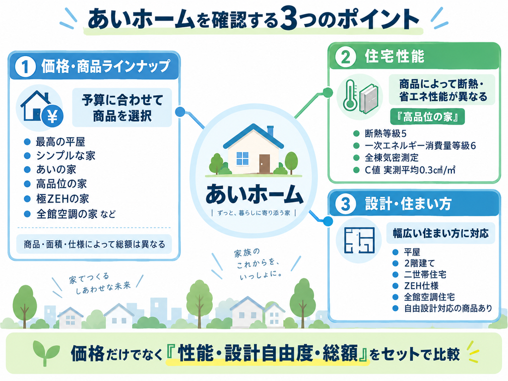 あいホームの価格・商品ラインナップ、住宅性能、設計・住まい方の3つの特徴を整理した図解。