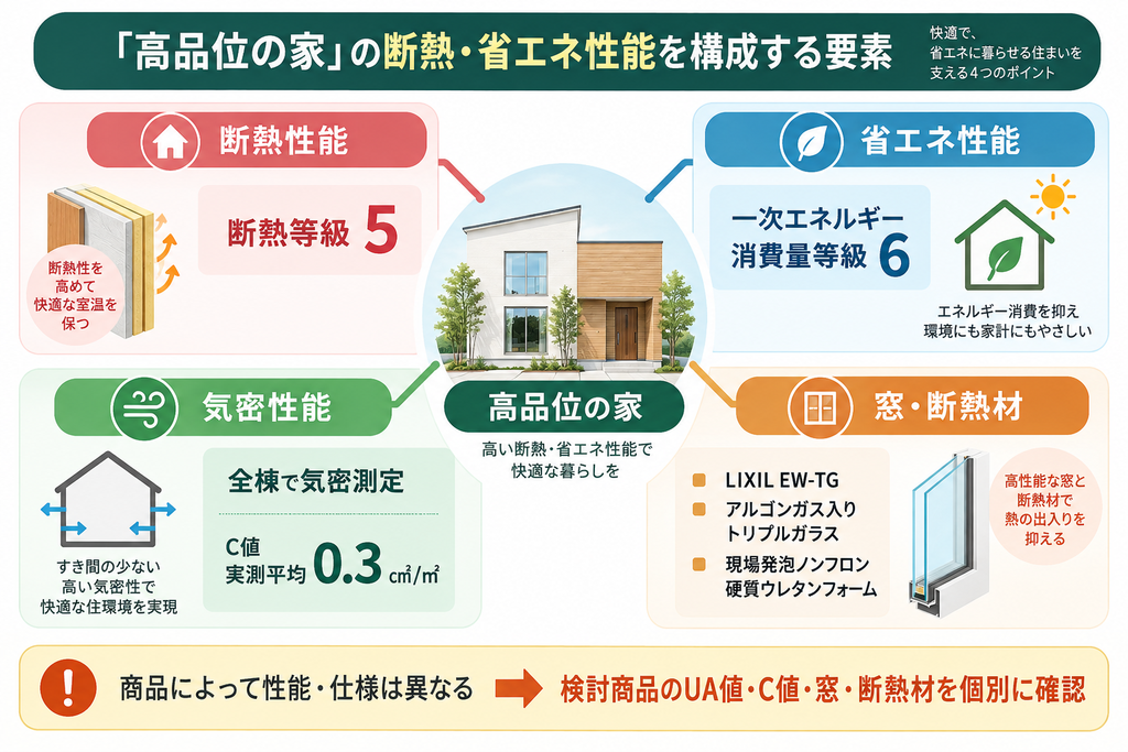 あいホーム「高品位の家」の断熱・省エネ性能を、断熱性能、省エネ性能、気密性能、窓・断熱材の4要素で整理した図解