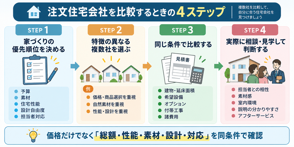 注文住宅会社を比較する際の4ステップを示した図解