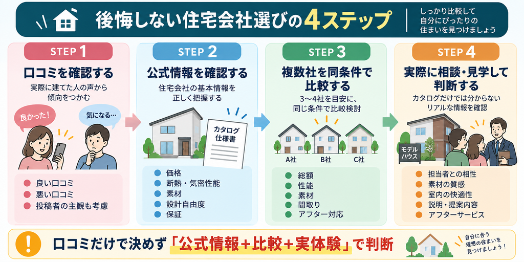 後悔しない住宅会社選びの4ステップを示した図解
